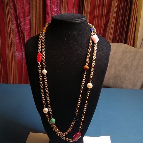 Elegant Multi-Color Glass Beaded Link Chain Necklace Vintage Necklace - Picture 1 of 8